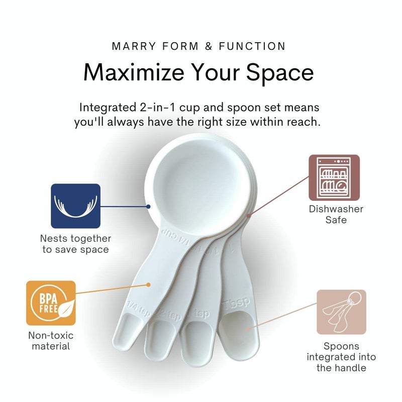 Storage Theory 2-in-1 Measuring Cups & Spoons Set (4-Piece) - Nesting Space-Saving Kitchen Gadget - BPA-Free Food Grade Plastic - Dishwasher Safe for Baking, Cooking, Coffee - White - Image 3